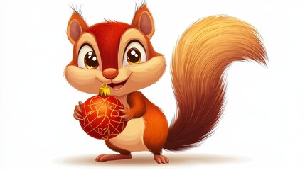 Naklejka premium Cheerful Cartoon Squirrel Holding Ornament