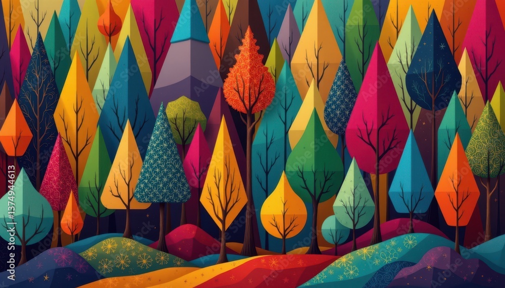 Poster geometric forest an abstract forest composed of geometric shapes, where trees are represented by ang