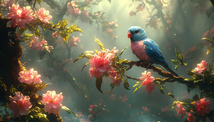 Fototapeta premium Pixelated Bird on Flowering Branch in Shimmering Sunlight With Pixel Art Style and Pink Blossoms