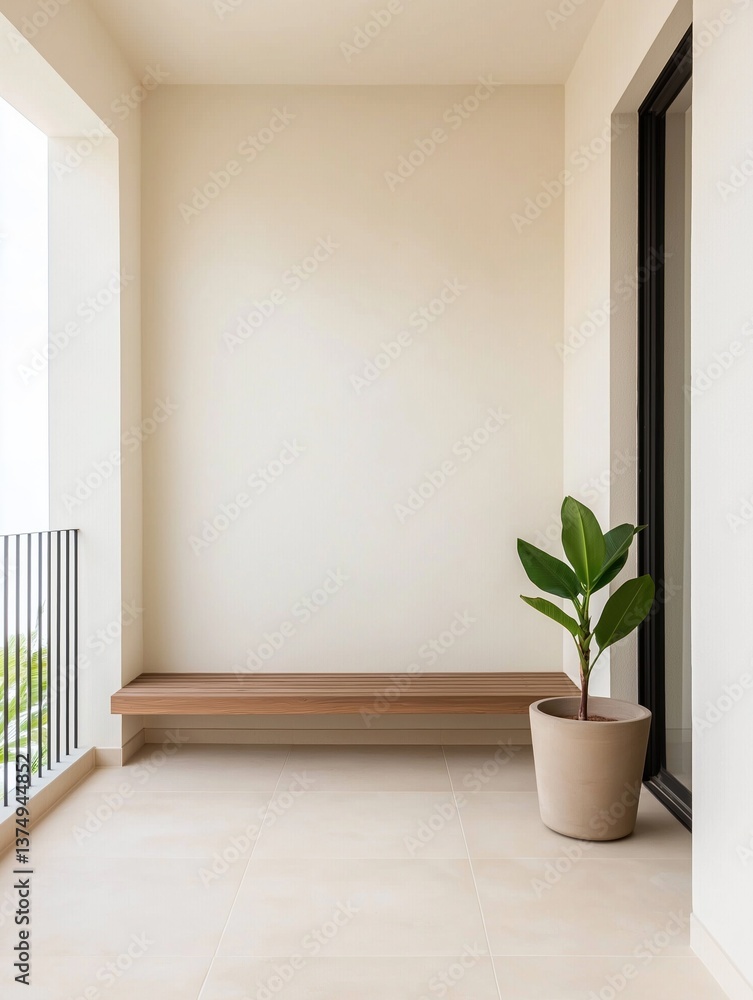 Poster empty room with a large window on the right side and a wooden bench on the left side. the floor is m