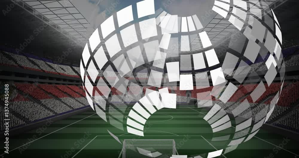 Poster stadium with digital circular pattern animation over empty soccer field