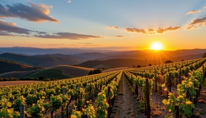 Sunrise over Wine Country A picturesque vineyard at sunrise, with rolling hills, grapevines basking in golden light, and a tranquil sky.