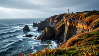 Coastal Cliffs Dramatic coastal cliffs overlooking a churning ocean, with waves crashing against the rocks and a lighthouse in the distance.