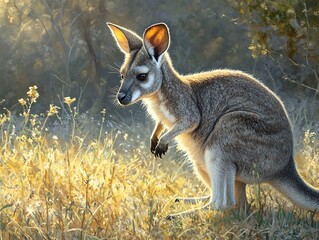 Wallaby Standing in Grassy Field Lit by Warm Light at Dawn