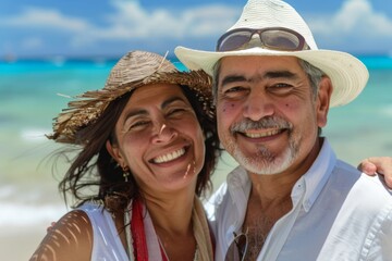 Obraz premium Smiling portrait of a middle aged Hispanic couple on a vacation on a tropic beach