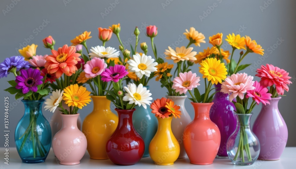 Poster vases of color an array of colorful vases filled with different flowers, each vase highlighting a un