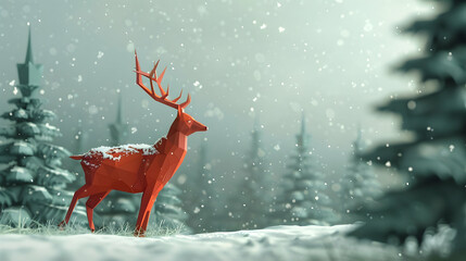 Red Pixelated Deer Standing Tall in a Snowy Winter Forest Surrounded by Fir Trees with a Soft Foggy Backdrop