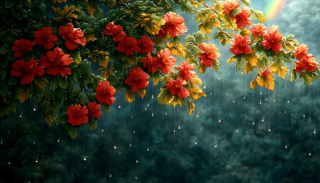 Red Hibiscus Flowers in Full Bloom with Rain Fall and Rainbow on a Lush Green Background and Soft Lighting