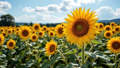 Fototapeta premium Sunflower Haven A joyful sunflower field in full bloom, with tall sunflowers reaching toward the sun, creating a warm and inviting atmosphere.