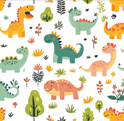 Cute cartoon dinosaur pattern white background colorful simple design fun and playful style simple shapes flat color blocks no shadows bright colors pastel to