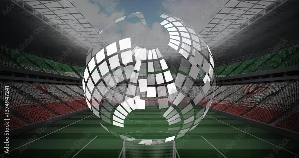 Poster stadium with digital circular pattern animation over green soccer field