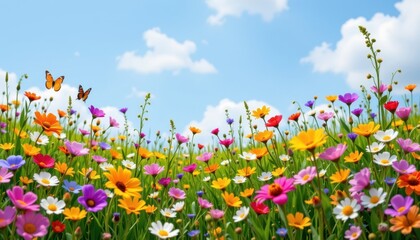 Fototapeta premium Wildflower Meadow A vibrant meadow bursting with a variety of wildflowers in full bloom, with butterflies fluttering and bees buzzing about a clear blue sky.