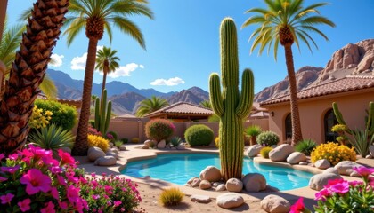 Fototapeta premium Cactus in a Desert Oasis A vibrant scene showing a tall cactus surrounded by a lush oasis with palm trees, colorful flowers, and a sparkling pool of water.