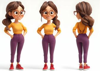 Three Views of Cartoon Young Woman in Orange Top and Purple Pants on White Background Digital Illustration