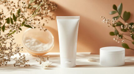 Minimalist Beauty Product Display with Natural Elements and Soft Light