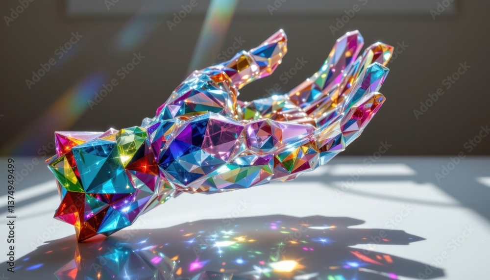 Poster crystalized hand sculpture a hand made of shimmering crystals in an array of colors, reflecting ligh