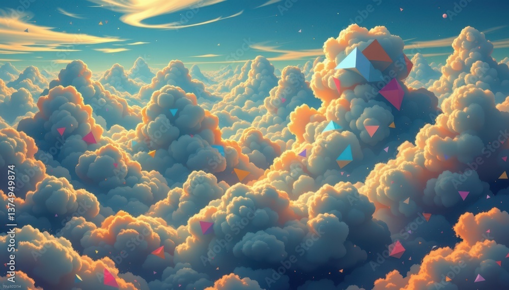 Poster surreal geometric clouds an abstract sky filled with geometric clouds, where the shapes reflect and 
