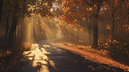 Golden Hour Sunbeams Illuminate a Scenic Autumn Road Through the Forest