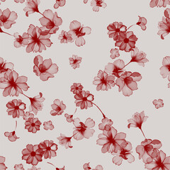 Floral seamless pattern features translucent red flowers on a light brown background. The flowers have a painterly, slightly abstract quality