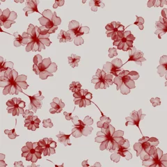 Gordijnen Floral seamless pattern features translucent red flowers on a light brown background. The flowers have a painterly, slightly abstract quality © momosama