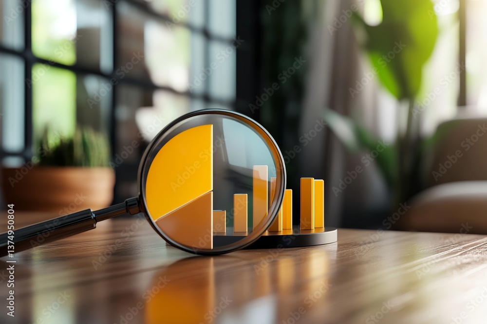 Poster data analysis with magnifying glass on pie chart and bar graph for business and finance research tre