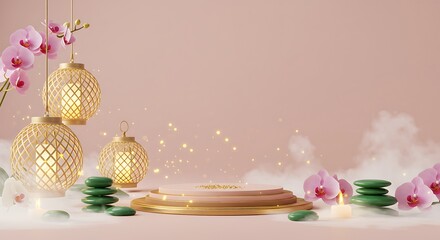 Orchid Spa Product Display with Lanterns Candle and Stacking Stones