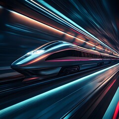 Fototapeta premium Futuristic train speeds through neon tunnel