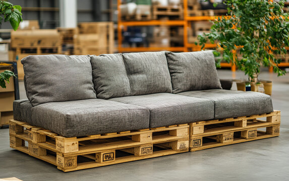 Rustic Charm A repurposed pallet sofa, comfy cushions, and a warehouse backdrop. Industrial-chic design.
