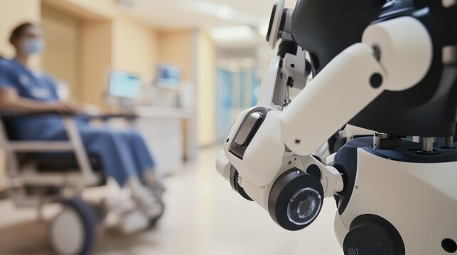 Robotics engineer developing assistive robots for disabled individuals, modern hospital with robots assisting patients in rehabilitation, Healthcare Tech style