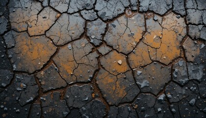 Stained asphalt grunge texture with oil spills and deep cracks