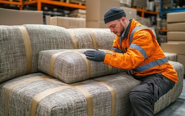 Fototapeta premium Warehouse worker carefully secures a sofa with protective tape, preparing it for shipment or storage. Diligent hands ensure safe transport.