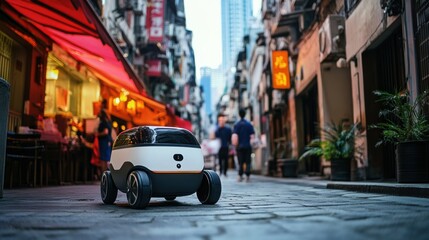 Fototapeta premium Robotics engineer developing autonomous robots for food delivery in urban areas, city with delivery robots and restaurants, Urban Robotics style