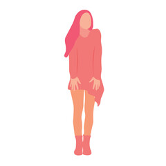 Woman in a loose, coral-toned dress, with pink hair and boots