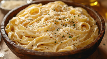 Creamy fettuccine alfredo served in a rustic bowl with fresh parmesan on a wooden table surrounded by natural elements