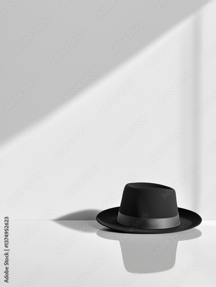 Poster 3d rendering of a black hat on a white surface. the hat is placed in the center of the image and is 
