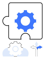 Blue gear inside puzzle symbolizing solutions and problem-solving. Cloud and arrows imply data, workflow, and choices. Ideal for strategy, analytics, innovation, teamwork, integration technology