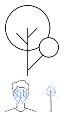 Geometric tree, wind turbine with rotating blades, and human face with tech grid overlay. Ideal for sustainability, technology, innovation, future, clean energy eco-system connection. Flat simple