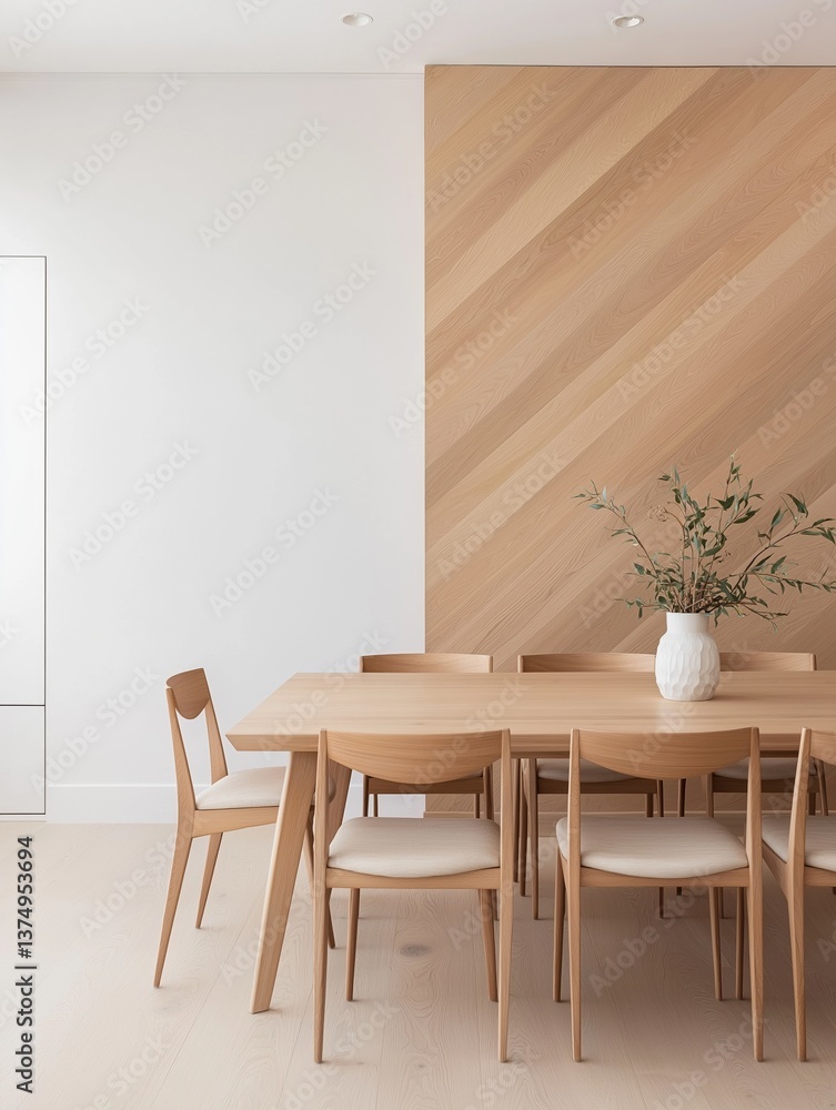 Poster modern dining room with a wooden table and six chairs. the table is rectangular in shape and has a l