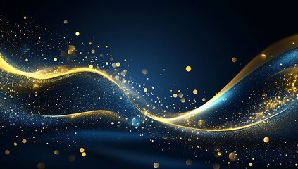 Obraz premium Luminous golden bokeh lights against a deep blue background, with shimmering glitter particles floating gracefully in the air - a magical, dreamy atmosphere.