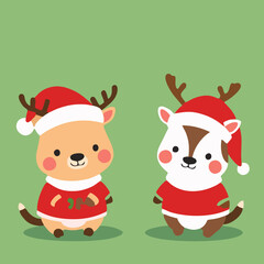 Kawaii Christmas Animals - Reindeer and Hamster with Santa Hat