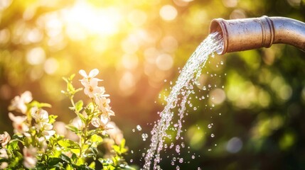 Water Flowing Over Blooming Flowers in Springtime