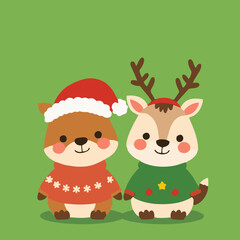 Naklejka premium Kawaii Christmas Animals - Reindeer and Hamster with Santa Hat