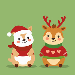Kawaii Christmas Animals - Reindeer and Hamster with Santa Hat