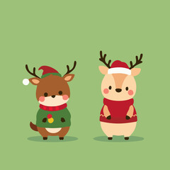 Kawaii Christmas Animals - Reindeer and Hamster with Santa Hat