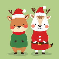 Kawaii Christmas Animals - Reindeer and Hamster with Santa Hat