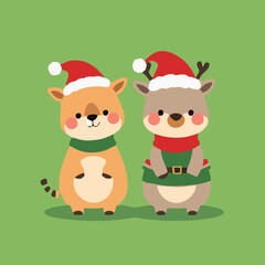 Kawaii Christmas Animals - Reindeer and Hamster with Santa Hat