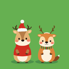 Kawaii Christmas Animals - Reindeer and Hamster with Santa Hat
