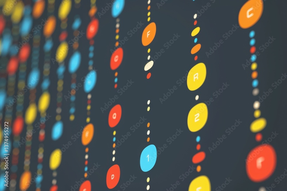 Poster a colorful visual pattern of circles and dots on a dark background, suggesting a digital or technolo