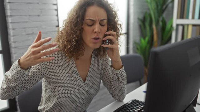 Woman with curly hair at workplace talking angrily on phone in office setting, expressing emotion near computer, showcasing professional environment.