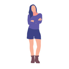 Woman standing with arms crossed, wearing a purple top and shorts, and boots